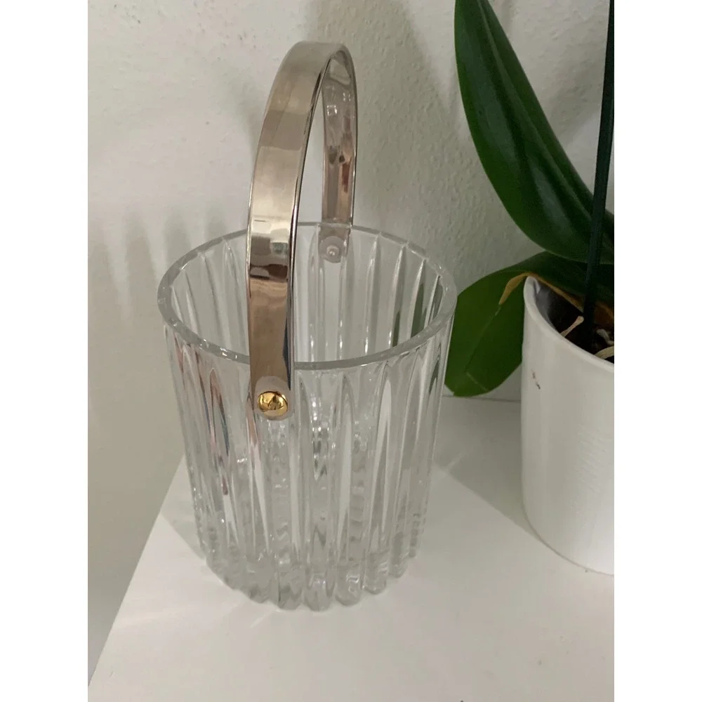 Vintage‎ Ribbed Crystal Glass Ice Bucket with Silver Swing Handle Clear Fluted